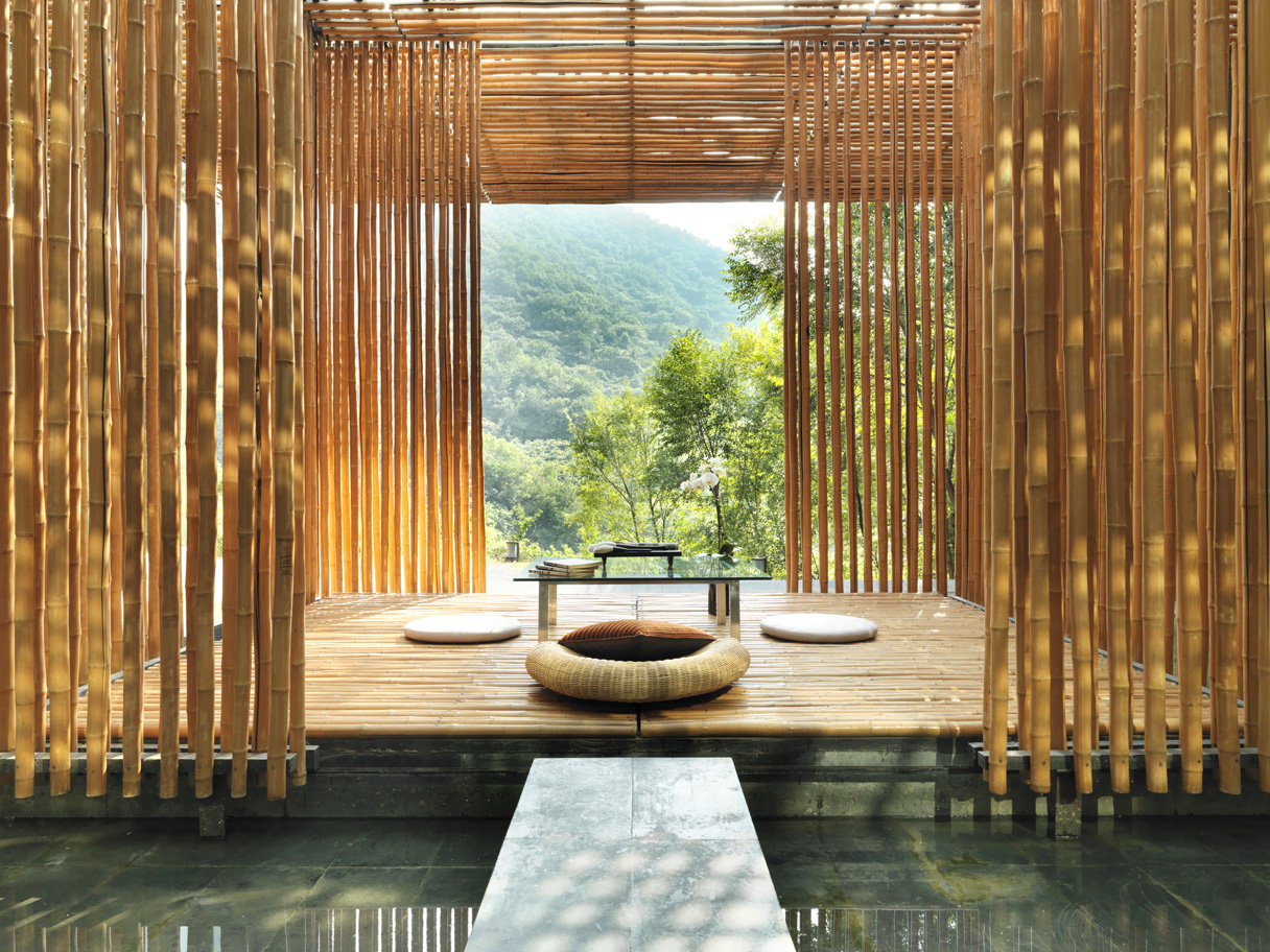 A bamboo wall at Commune by the Great Wall in the Yangqing District of Beijing, and belonging to The Unbound Collection by Hyatt brand. Source: Hyatt.