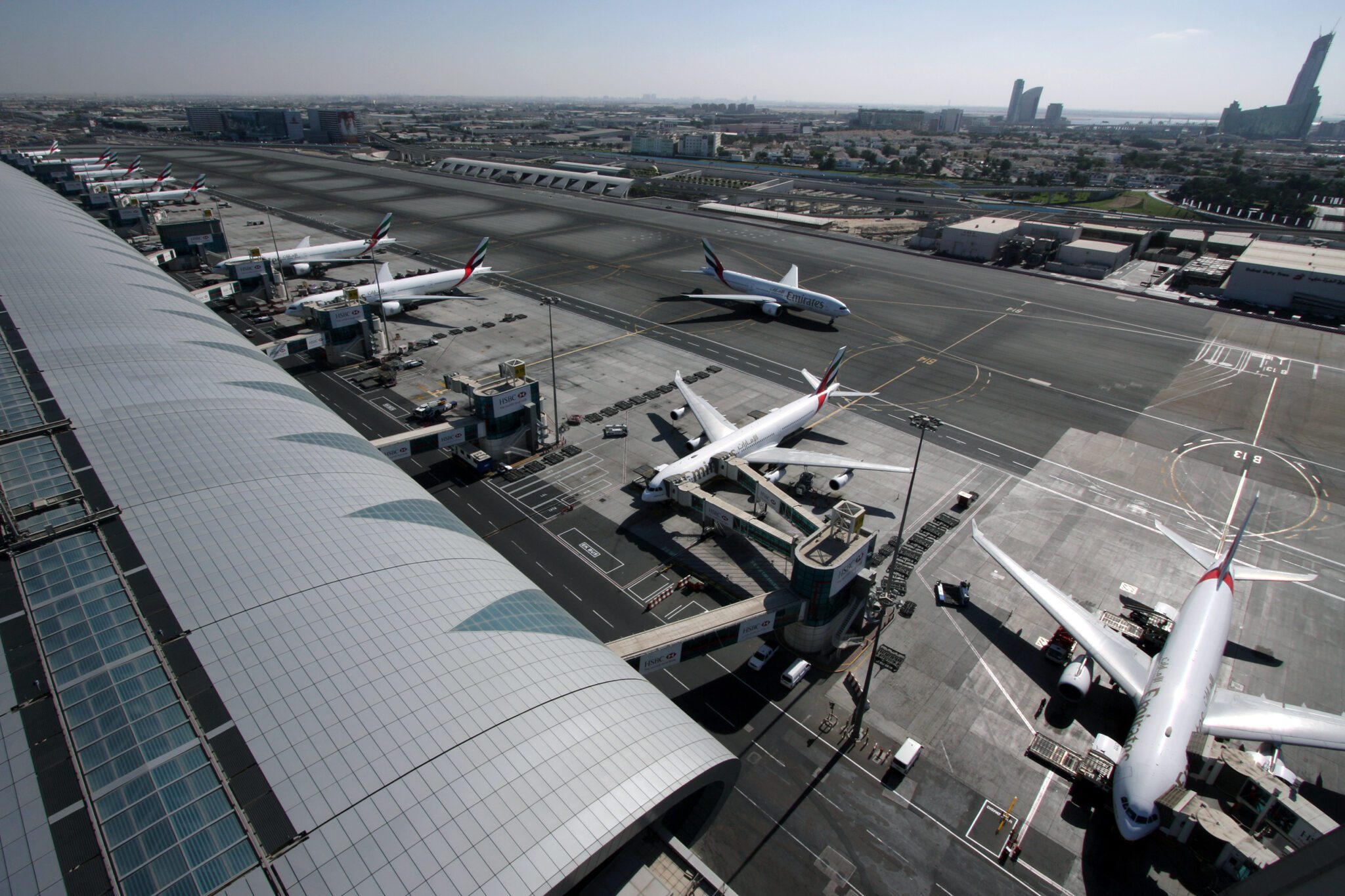 Emirates airliners are seen on the tarmac in a view of Dubai International Airport in Dubai, United Arab Emirates.