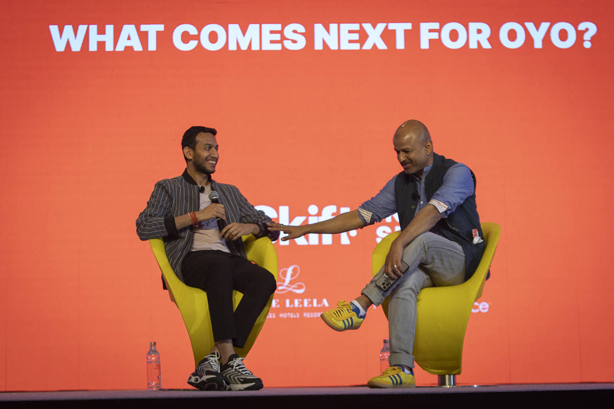 Ritesh Agarwal (left) with Skift CEO Rafat Ali at the Skift India Summit in Delhi.