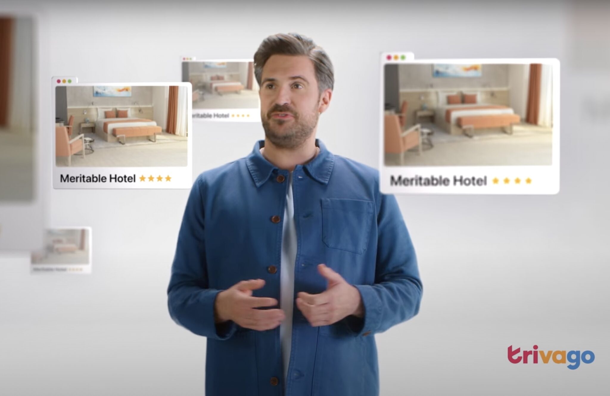 A screenshot from one of two new Trivago Guy commercials released in 2023 that use AI for local languages. 